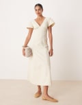 [ASOS DESIGN] ASOS DESIGN flutter sleeve open back midi dress in neutral 16 Neutral