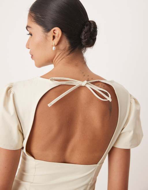 ASOS DESIGN flutter sleeve open back midi dress in neutral