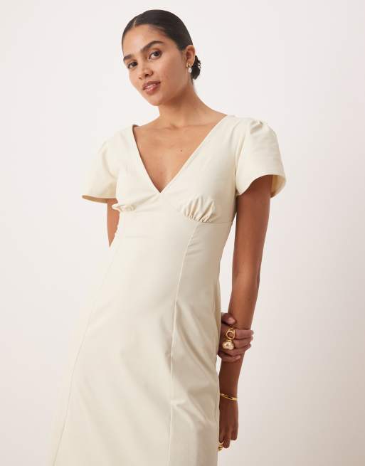 ASOS DESIGN flutter sleeve open back midi dress in neutral