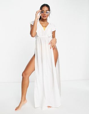 ASOS DESIGN flutter sleeve plunge maxi beach dress in ivory  - ASOS Price Checker