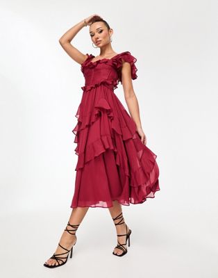 ASOS DESIGN flutter sleeve ruched corset detail tiered midi dress in berry