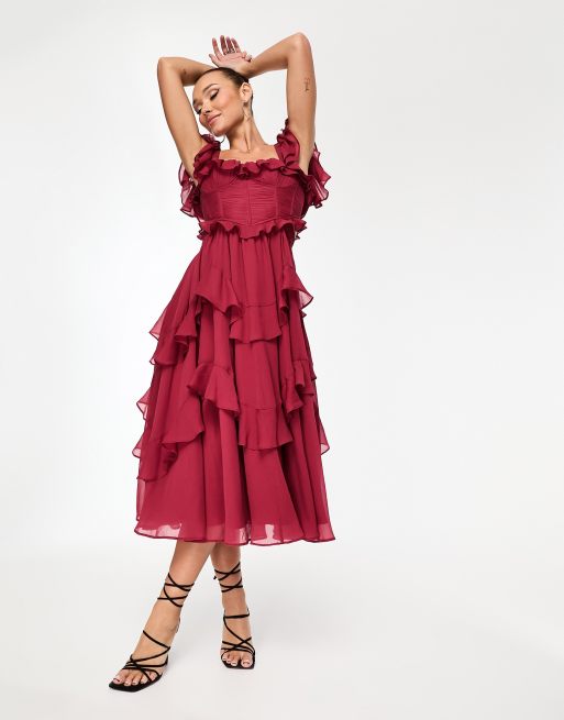 ASOS DESIGN flutter sleeve ruched corset detail tiered midi dress in berry