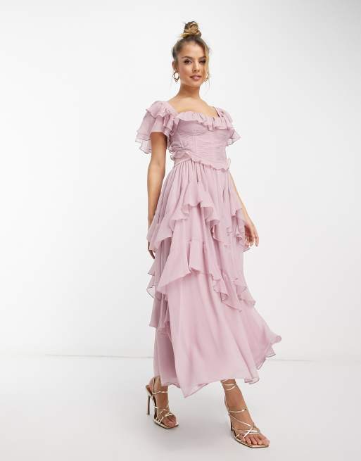 ASOS DESIGN flutter sleeve ruched corset detail tiered midi dress in mauve