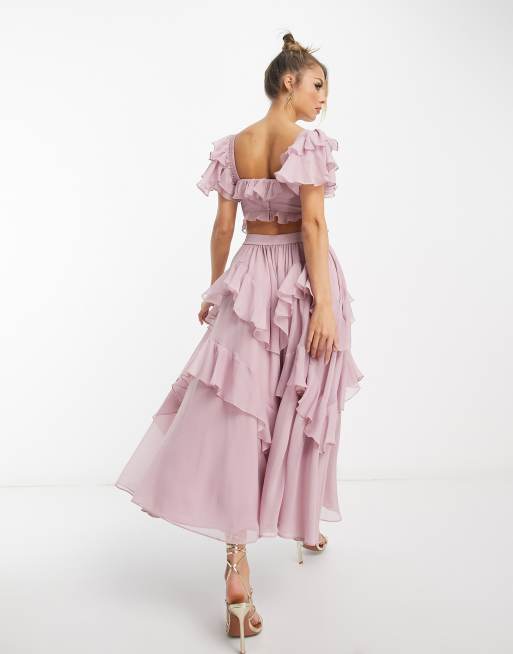 ASOS DESIGN flutter sleeve ruched corset detail tiered midi dress in mauve