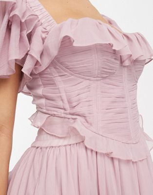 ASOS DESIGN flutter sleeve ruched corset detail tiered midi dress in mauve
