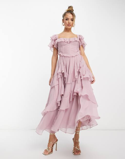 ASOS DESIGN flutter sleeve ruched corset detail tiered midi dress in mauve