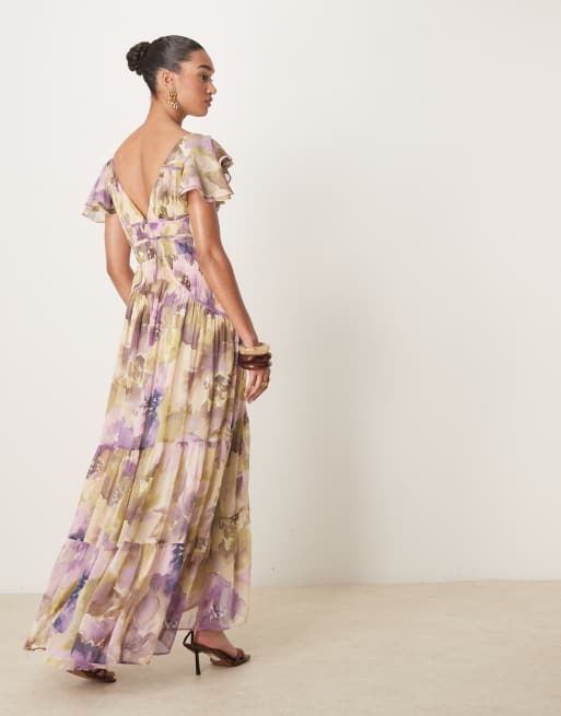 ASOS DESIGN flutter sleeve ruched maxi dress with hi low hem in blurred floral
