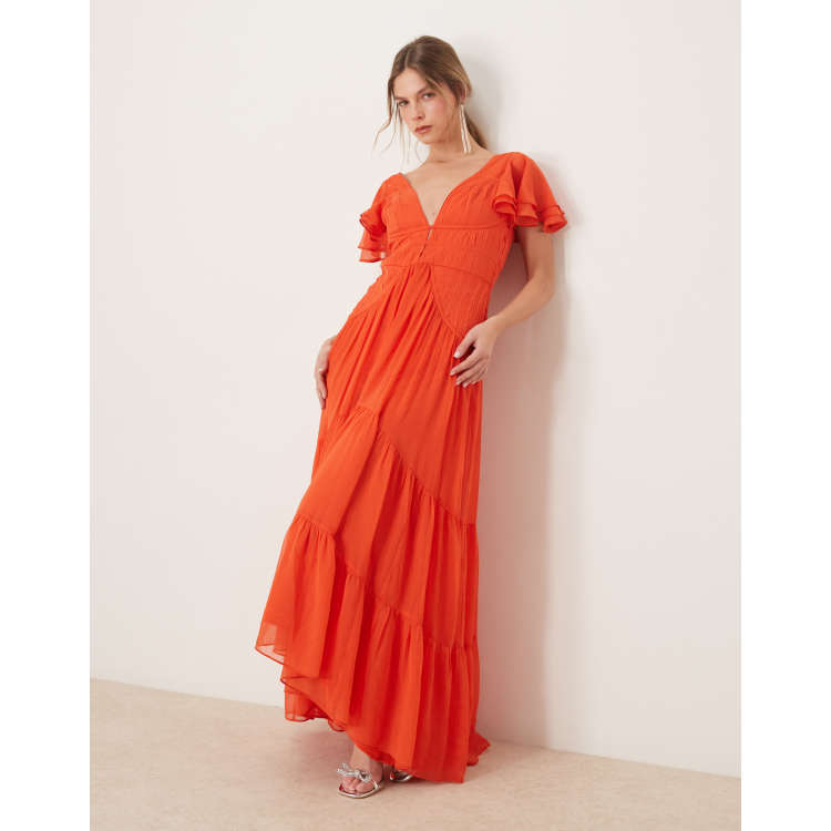 asos flutter sleeve ruched corset dress ASOS Design - Flutter Sleeve Ruched Maxi Dress - Women - Polyester - 0 US