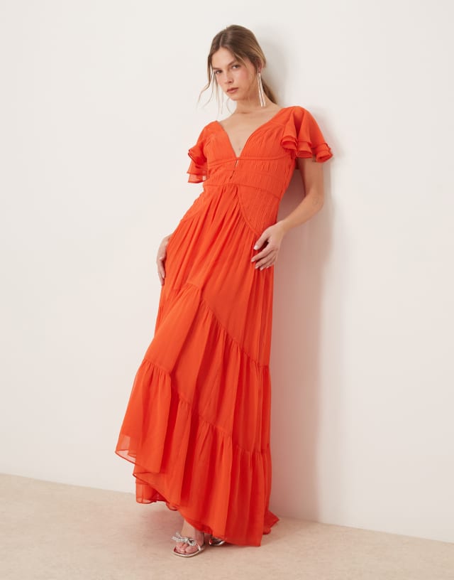 asos design flutter sleeve ruched corset detail tiered midi dress - Maxi - Women - Polyester - 0 US BCBGMAXAZRIA Asymmetrical Turtleneck Dress Blazer Bust Size:34 The ASOS DESIGN flutter ss26_women