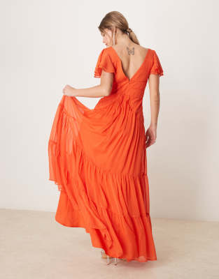 ASOS Design Flutter Sleeve Ruched Maxi Dress with Hi Low Hem in Spicy Red