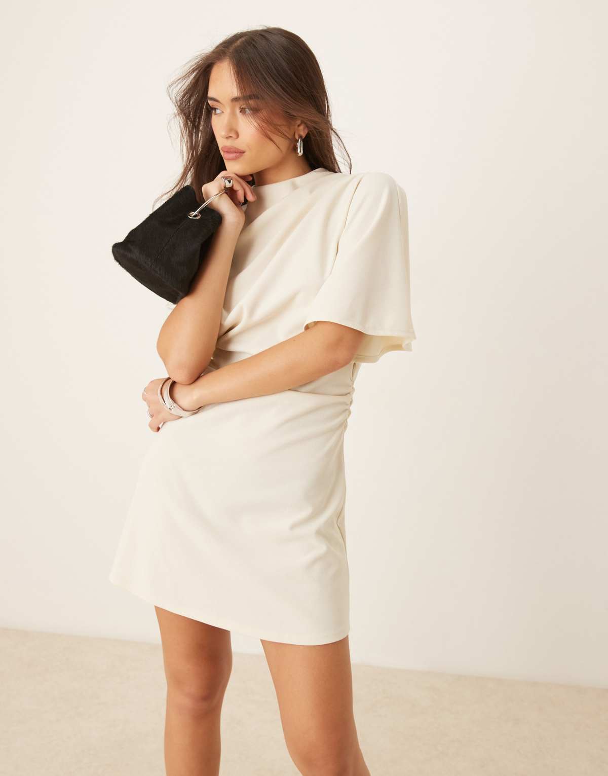 ASOS DESIGN flutter sleeve ruched side mini dress in white