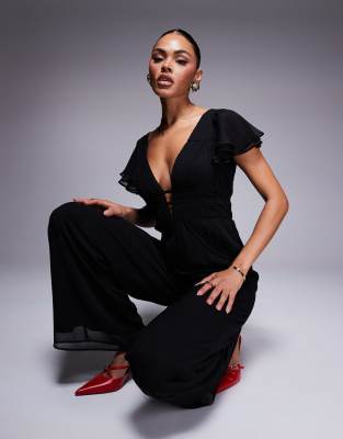 Asos Design Flutter Sleeve Ruched Wide Leg Jumpsuit In Black