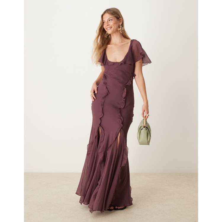 ASOS DESIGN flutter sleeve ruffle flare maxi dress in aubergine | ASOS