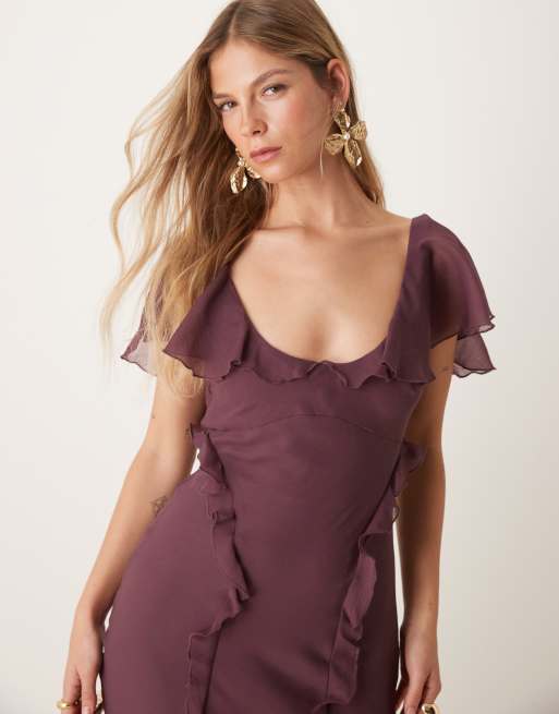 white christmas dresses ASOS DESIGN Multi Flutter Sleeve Ruffle Midaxi Dress With Button Detail In  Blue main image 1