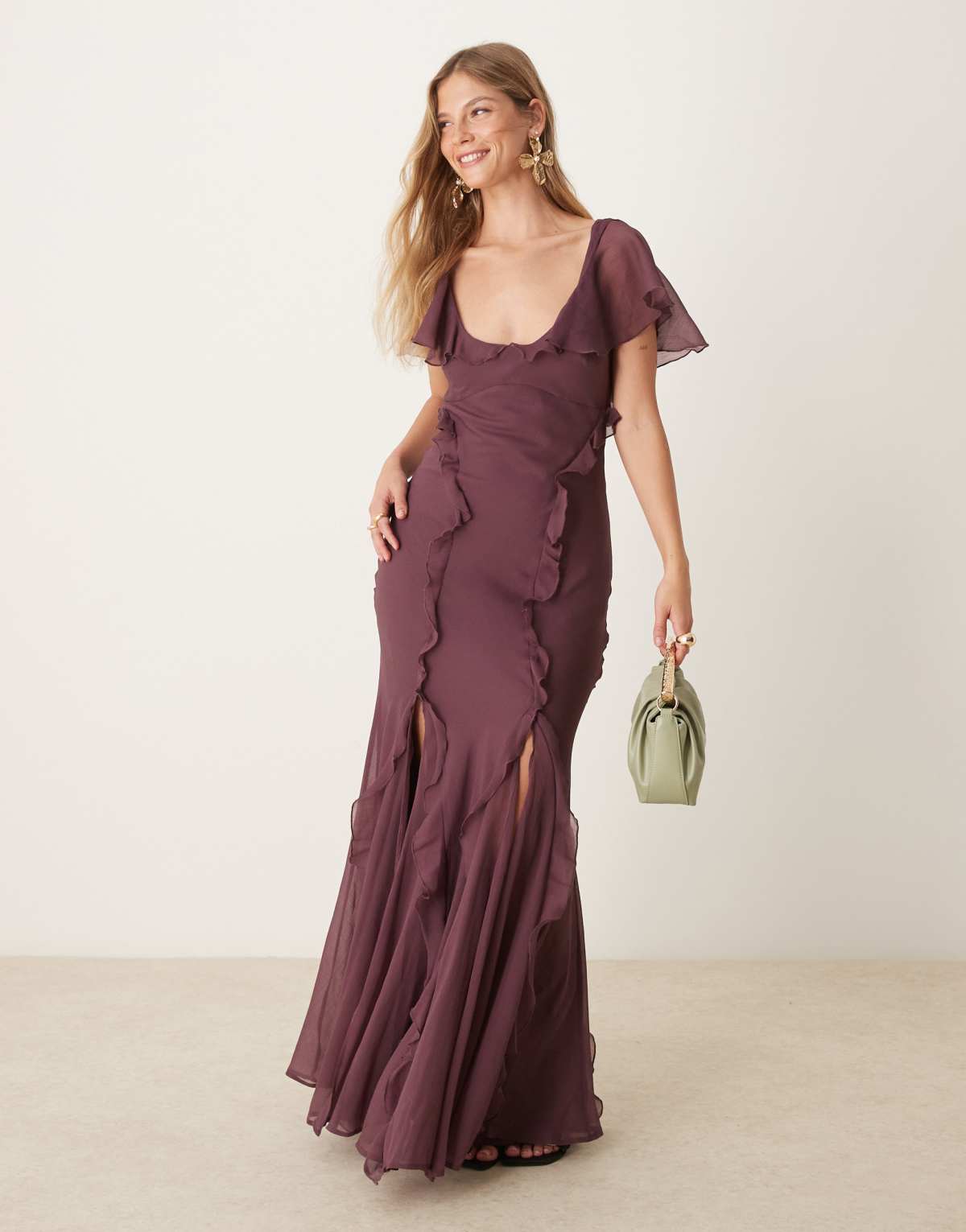 ASOS DESIGN flutter sleeve ruffle godet maxi dress in aubergine