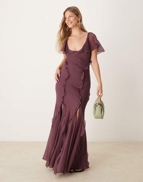 ASOS DESIGN flutter sleeve ruffle godet maxi dress in aubergine