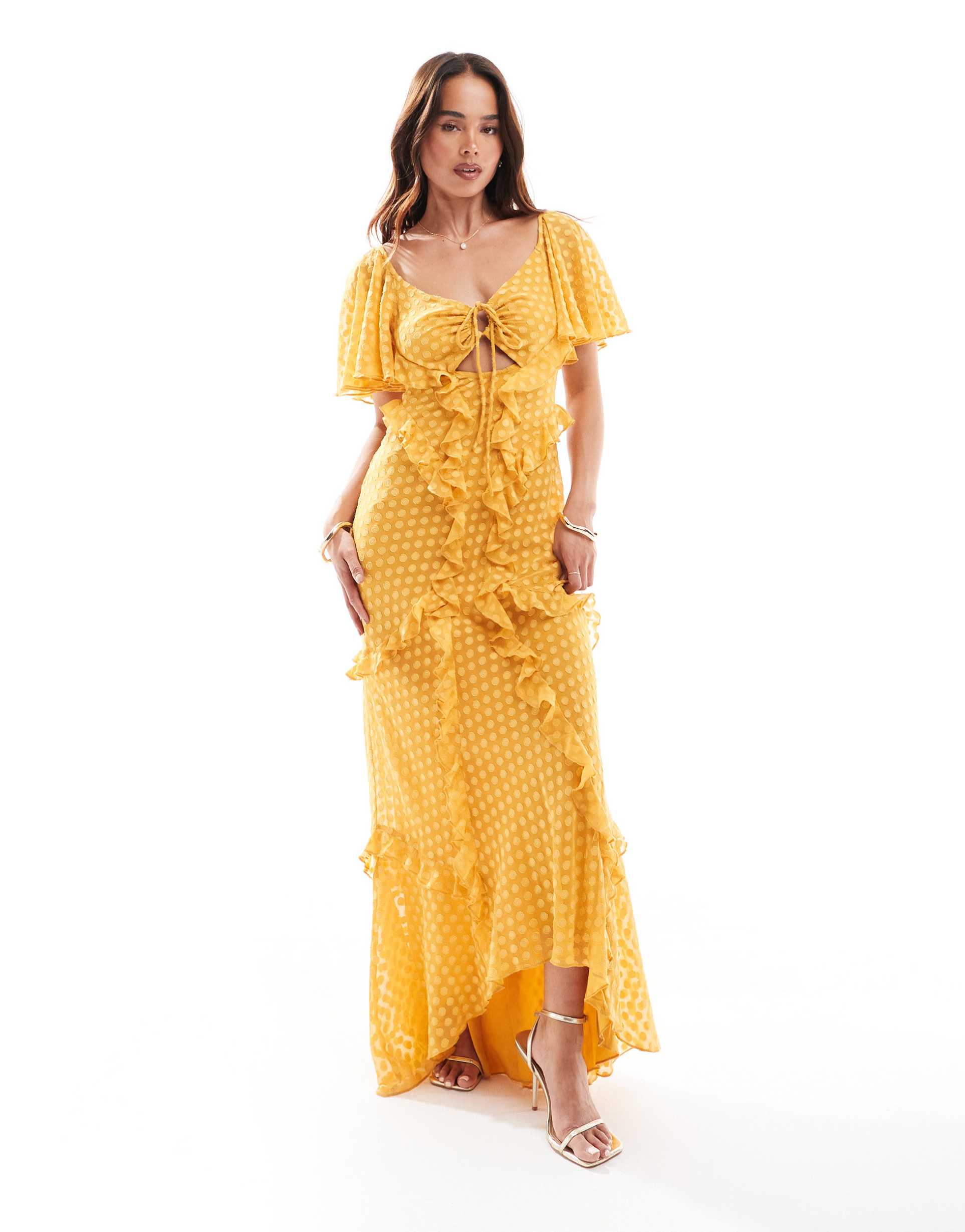 asos design flutter sleeve ruffle maxi dress with cut out detail in textured spot in burnt yellow