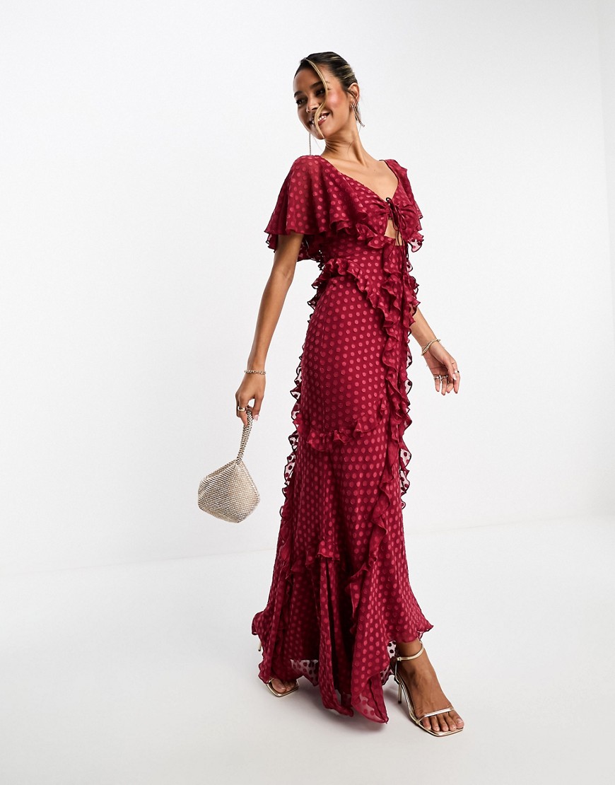 ASOS DESIGN flutter sleeve ruffle maxi dress with cut out detail in textured spot in dark red-Multi
