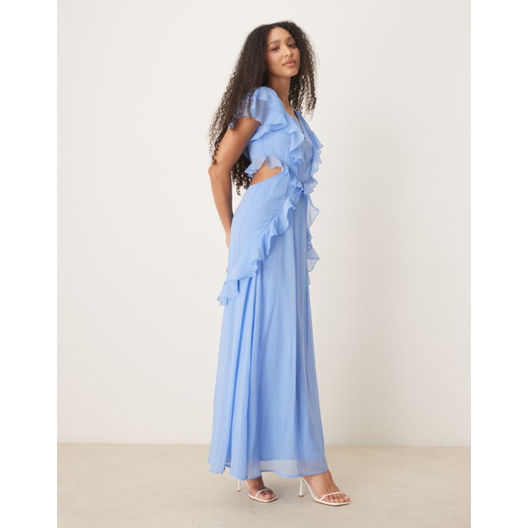 Midi Dress Asos Cornflower Blue Dress ASOS DESIGN Tie Front Angel Sleeve  Textured Midi Dress In