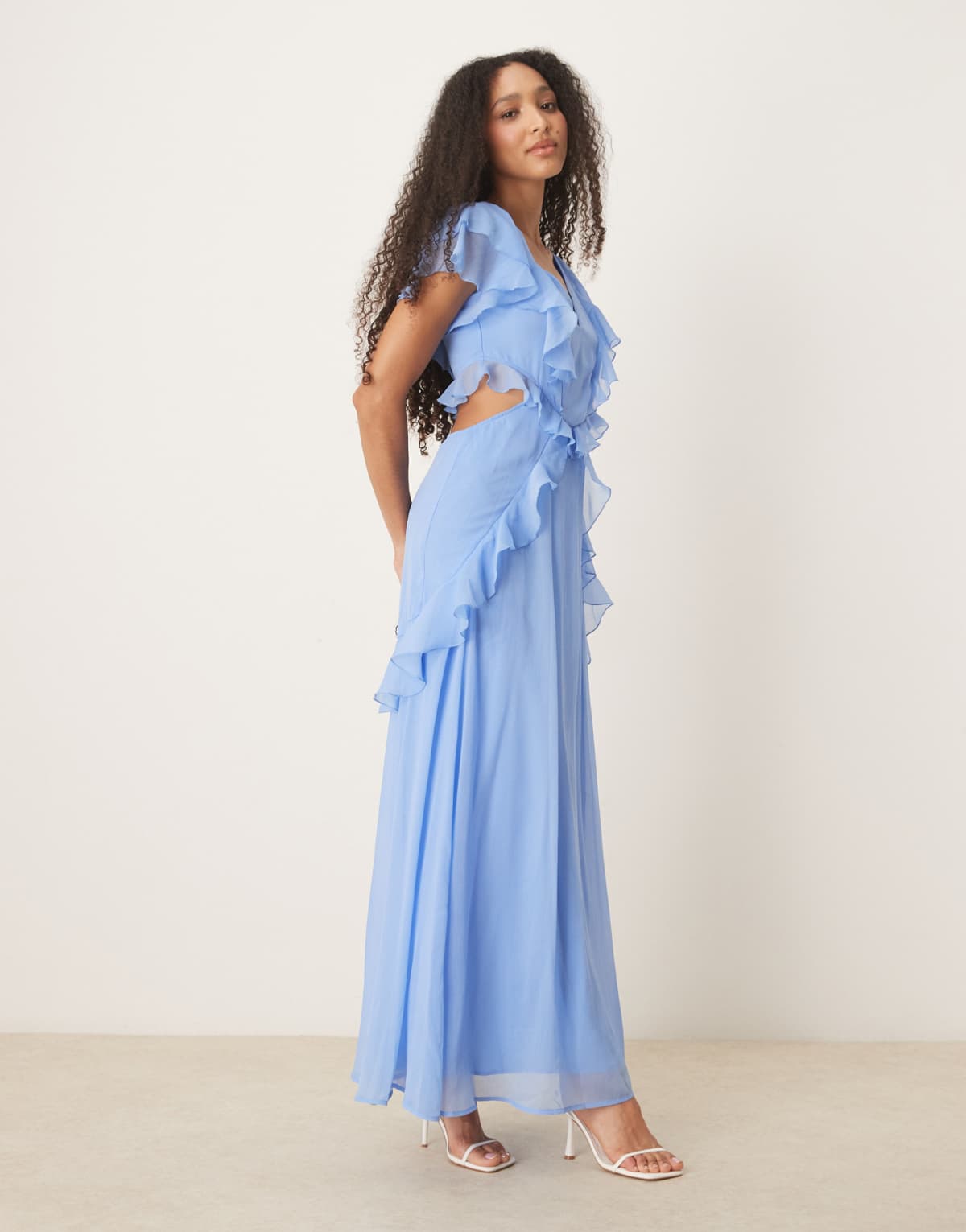 ASOS DESIGN flutter sleeve ruffle midi dress with cut out in cornflower blue