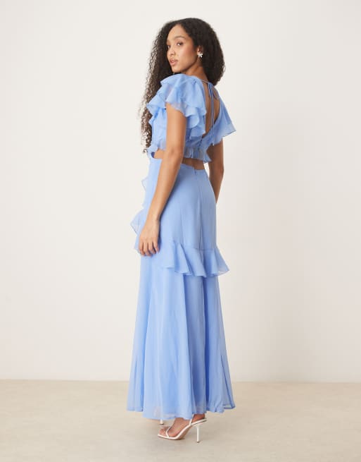ASOS DESIGN flutter sleeve ruffle midi dress with cut out in cornflower blue