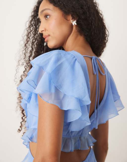 ASOS DESIGN flutter sleeve ruffle midi dress with cut out in cornflower blue