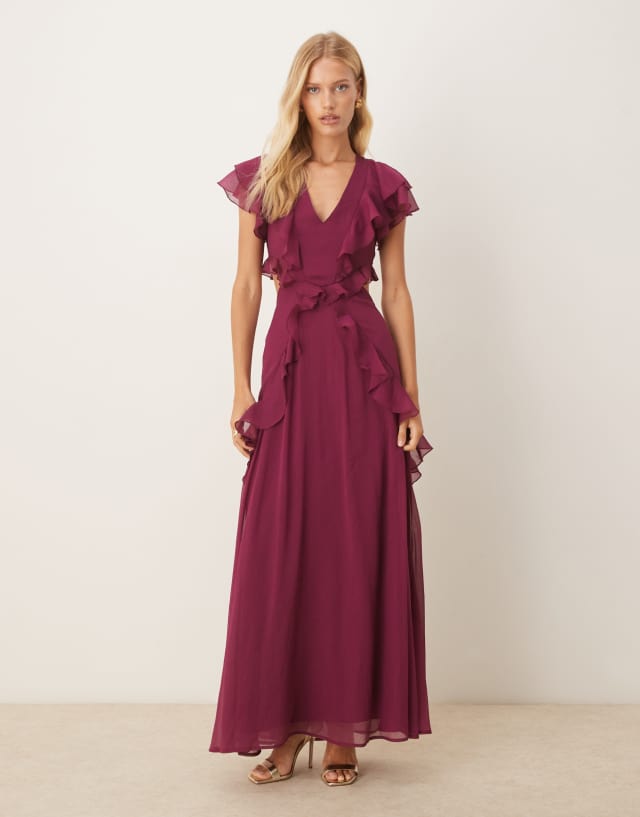 asos design flutter sleeve ruched corset detail tiered midi dress ruffle with cut out in purple low hem in spicy Summer Vacation Party Women's XST40 Color:pearl grey bengaline
