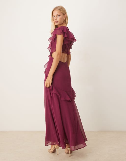 ASOS DESIGN flutter sleeve ruffle midi dress with cut out in purple