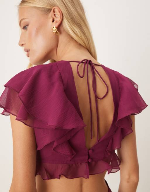 ASOS DESIGN flutter sleeve ruffle midi dress with cut out in purple