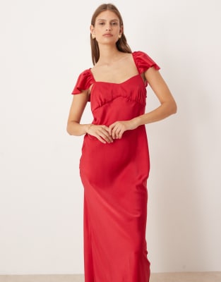 Asos Design Flutter Sleeve Satin Midi Dress In Red