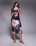 [ASOS DESIGN] ASOS DESIGN flutter sleeve satin midi dress in purple occasion floral print-Multi 4 Floral Print