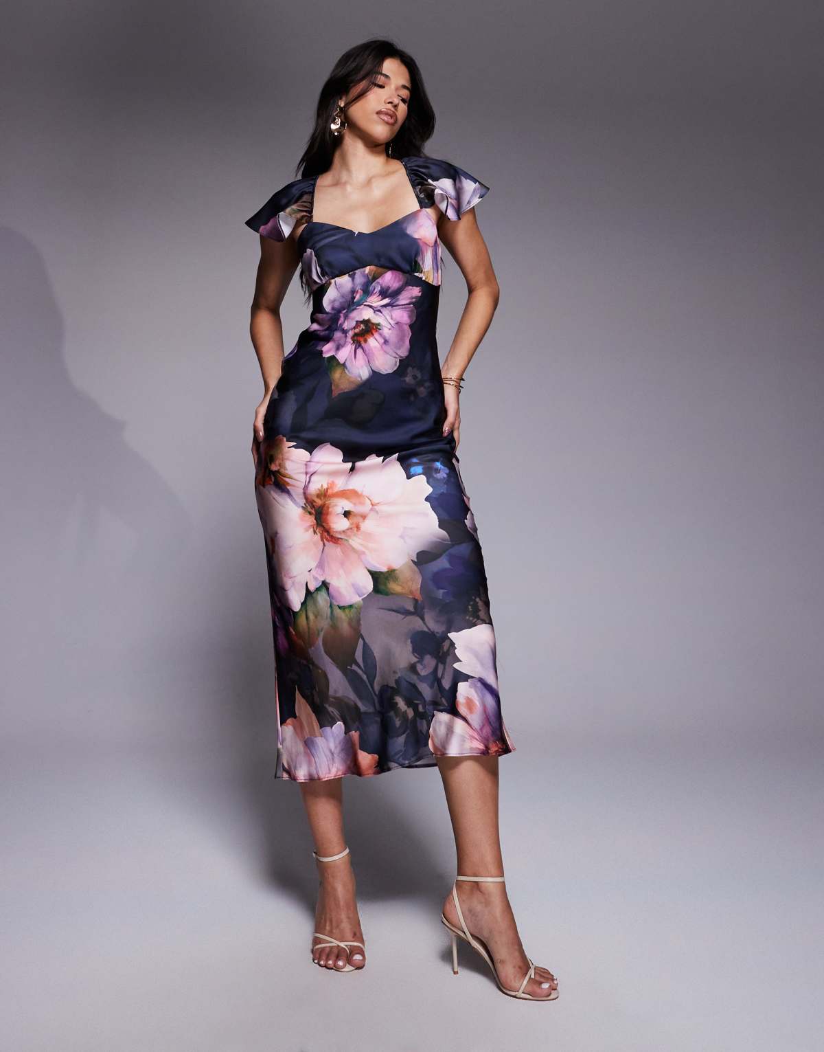 ASOS DESIGN flutter sleeve satin midi dress in purple occasion floral print