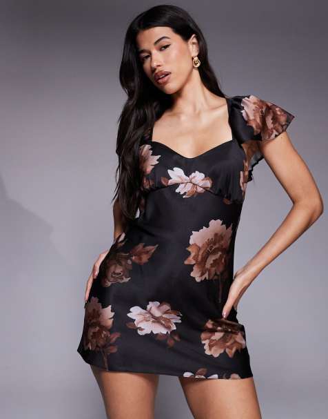 ASOS DESIGN flutter sleeve satin mini dress chocolate occasion floral print - view 1