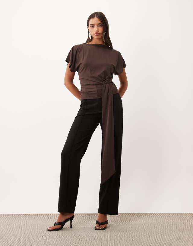 ASOS DESIGN flutter sleeve slash neck with drape in brown