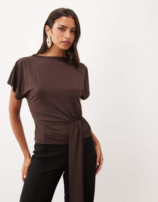 ASOS DESIGN flutter sleeve slash neck with drape in brown, 2 of 4