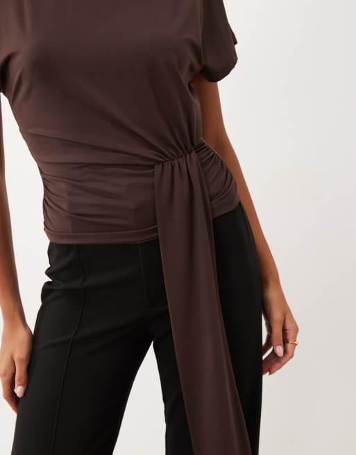 ASOS DESIGN flutter sleeve slash neck with drape in brown, 3 of 4
