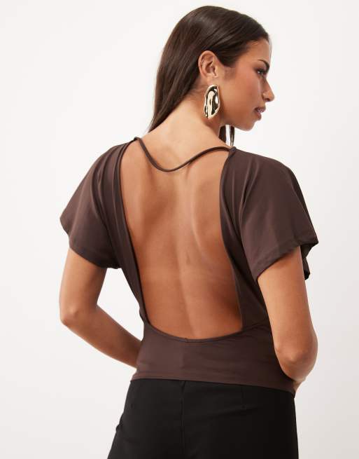 ASOS DESIGN flutter sleeve slash neck with drape in brown, 4 of 4