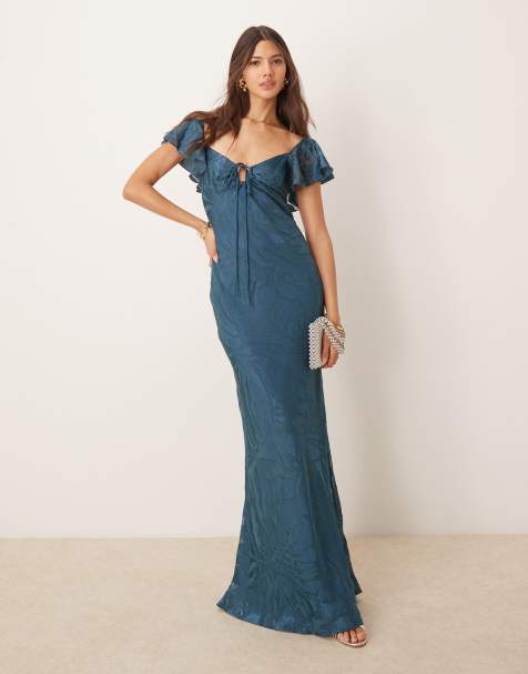 ASOS DESIGN flutter sleeve sleeve burnout maxi dress in teal blue - view 1