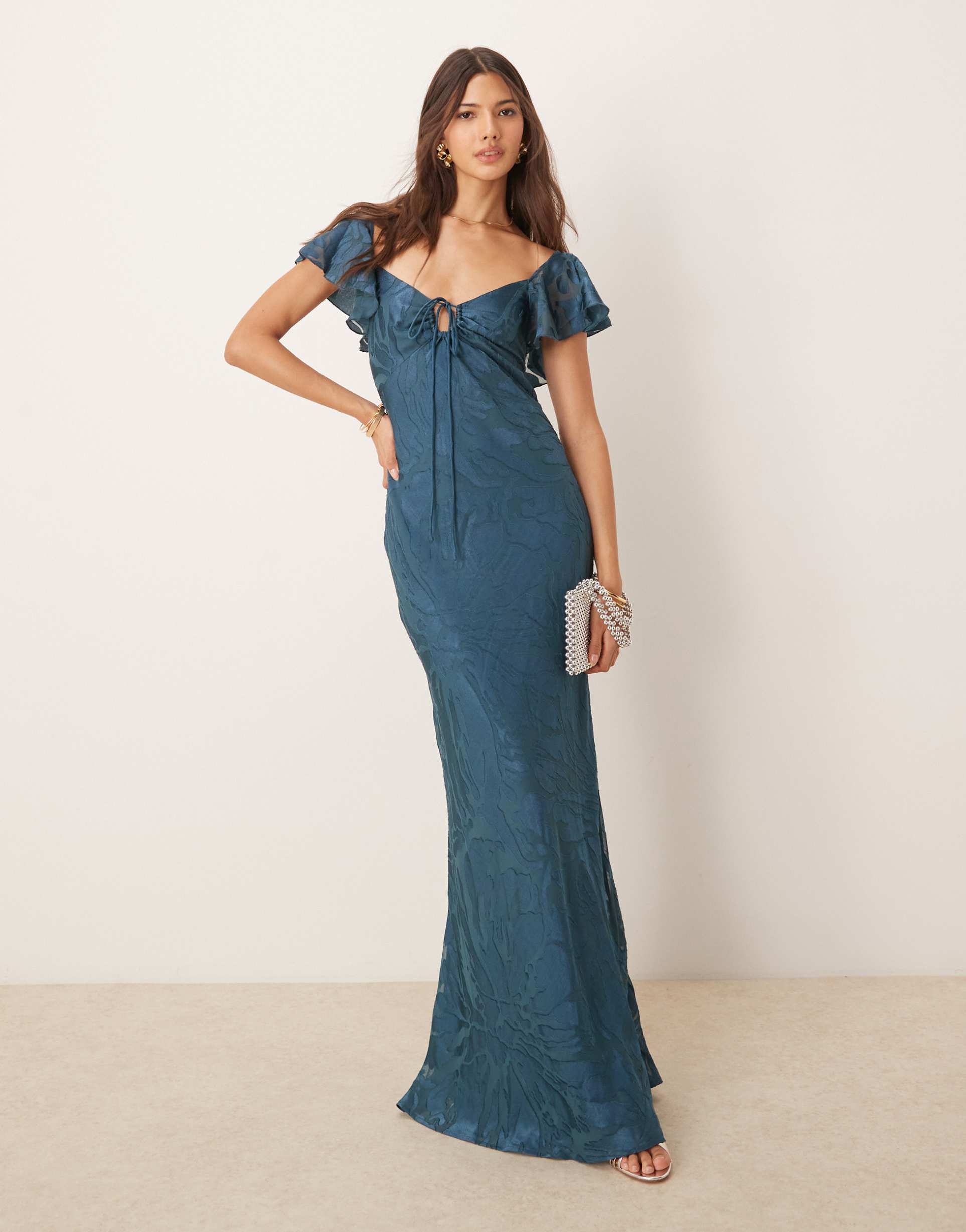 asos design flutter sleeve sleeve burnout maxi dress in teal blue