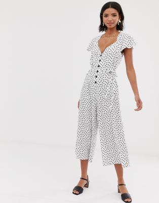 ASOS DESIGN flutter sleeve spot print jumpsuit with button front-Multi