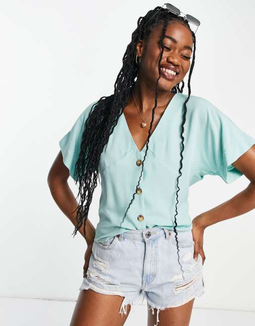 ASOS DESIGN flutter sleeve tea blouse with horn button in mint