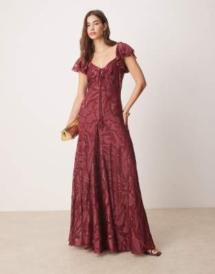 flutter sleeve tie front burnout maxi dress in burgundy-Red