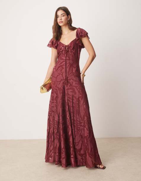 ASOS DESIGN flutter sleeve tie front burnout maxi dress in burgundy - view 1