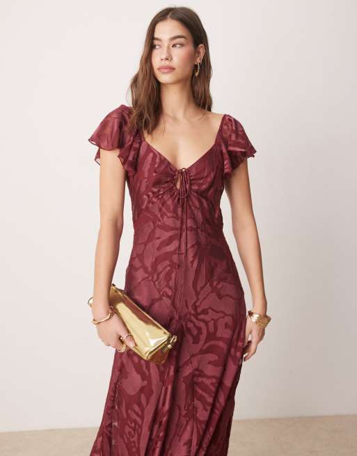 ASOS DESIGN flutter sleeve tie front burnout maxi dress in burgundy