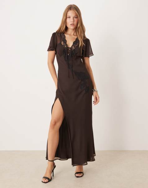 ASOS DESIGN flutter sleeve tie front maxi tea dress with lace detail in brown - view 1