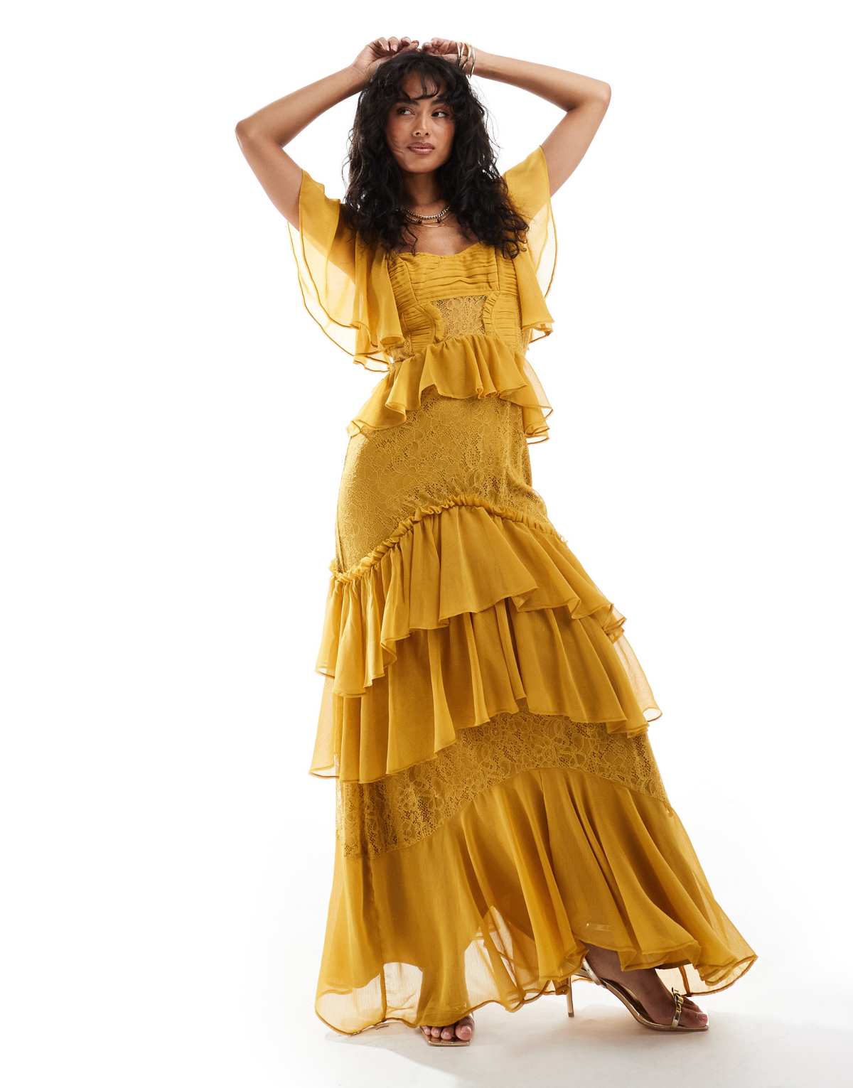 ASOS DESIGN flutter sleeve tiered midi dress with lace insert in mustard
