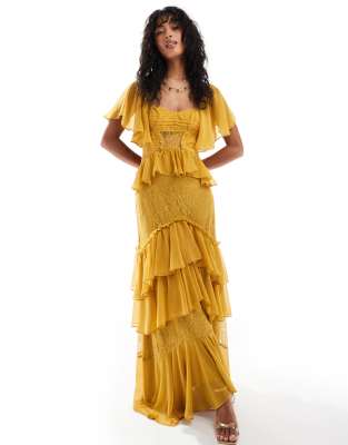 ASOS DESIGN FLUTTER SLEEVE TIERED MIDI DRESS WITH LACE INSERT 