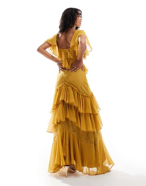 ASOS DESIGN flutter sleeve tiered midi dress with lace insert in mustard