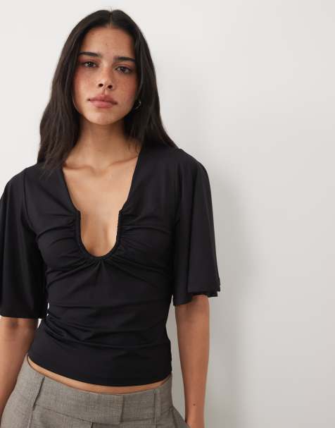 ASOS DESIGN flutter sleeve U wire top in black - view 1