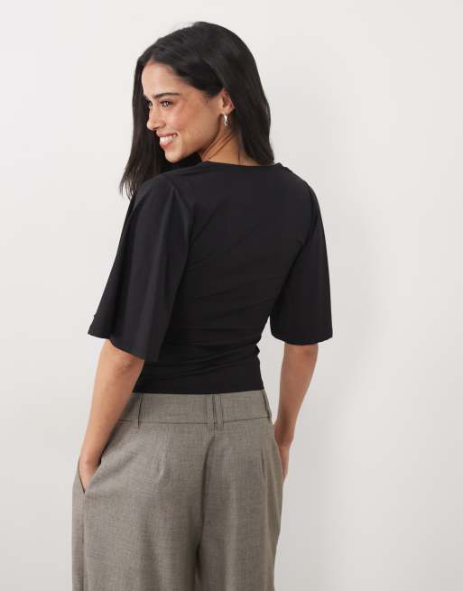 ASOS DESIGN flutter sleeve U wire top in black, 2 of 4